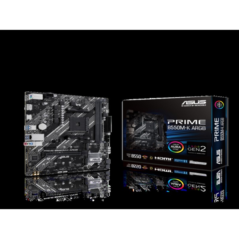ASUS PRIME B550M‑K ARGB – mATX AM4 matična ploča, 2 x DDR4, 2 x M.2, 4 x SATA, 6 x USB, 1 x DP, 1 x HDMI.