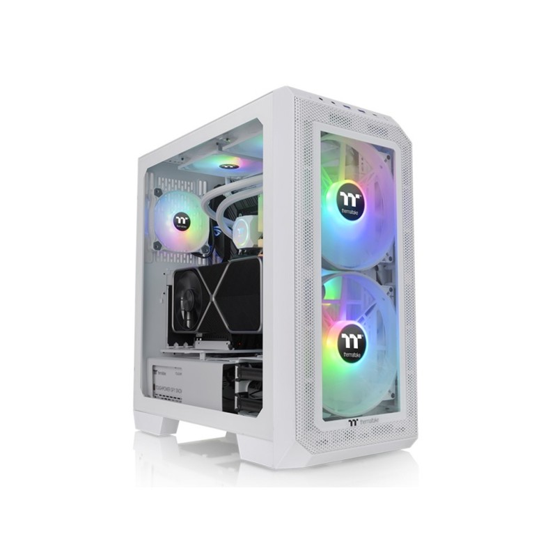 Thermaltake View 300 MX Snow – srednji tower s temperiranim staklom, 2×200 mm ARGB PWM ventilatora i 1×120 mm ARGB ventilator.
